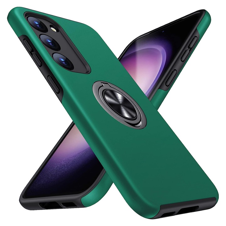 Husa de protectie pentru Samsung Galaxy S23, Hybrid Antisoc, Kickstand, Bumper inel rotativ 360, Green