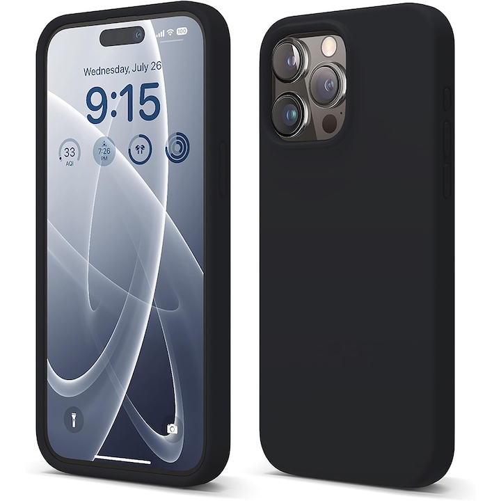 Husa CASEY STUDIOS™ pentru Apple iPhone 15 Pro Max, Soft Silicone Premium, Microfibra in Interior, Negru, de Protectie, Ultra Slim, pentru Incarcare Wireless, Margini Ridicate pentru Protectia Ecranului si a Camerelor