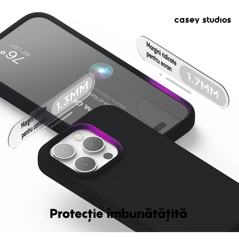 Husa CASEY STUDIOS™ pentru Apple iPhone 15 Pro Max, Soft Silicone Premium, Microfibra in Interior, Negru, de Protectie, Ultra Slim, pentru Incarcare Wireless, Margini Ridicate pentru Protectia Ecranului si a Camerelor