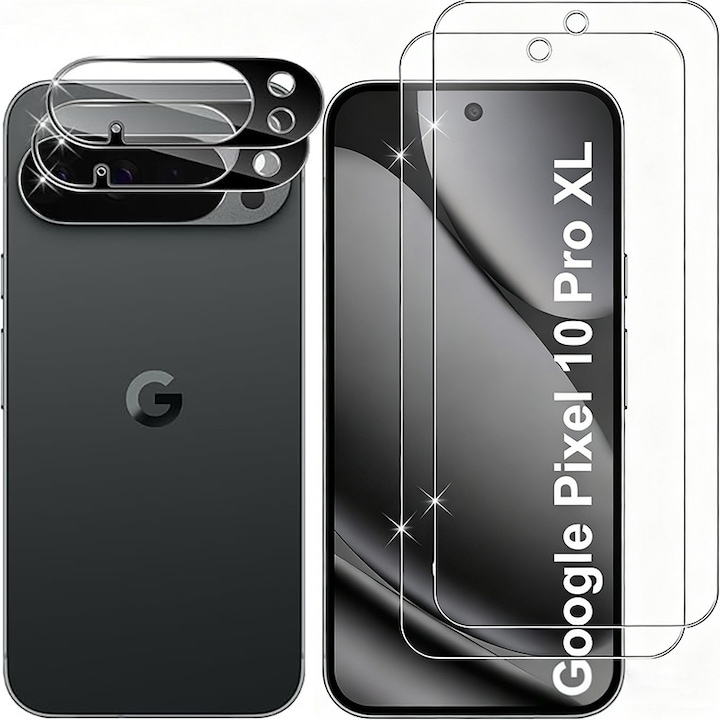 Set 2 folii sticla securizata ecran si 2 folii protectie lentila camera, transparent, 0.18mm, 9H, compatibile cu Google Pixel 10 Pro XL