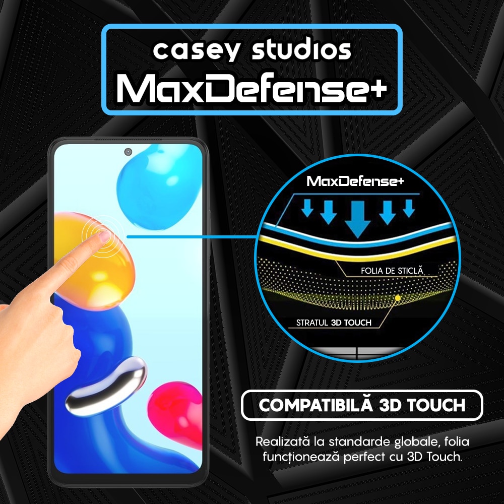 Folie Sticla CASEY STUDIOS™ compatibila cu Xiaomi Poco M4 Pro 4G / Redmi Note 11 / Redmi Note 11S, Full Cover 3D, Full Glue, Duritate Militara, Ultra HD, Anti Zgarieturi, Anti Socuri, Margini Negre