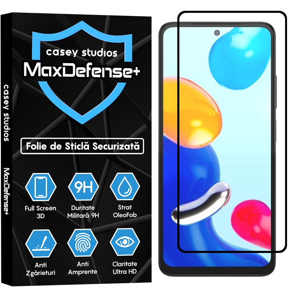 Folie Sticla CASEY STUDIOS™ compatibila cu Xiaomi Poco M4 Pro 4G / Redmi Note 11 / Redmi Note 11S, Full Cover 3D, Full Glue, Duritate Militara, Ultra HD, Anti Zgarieturi, Anti Socuri, Margini Negre