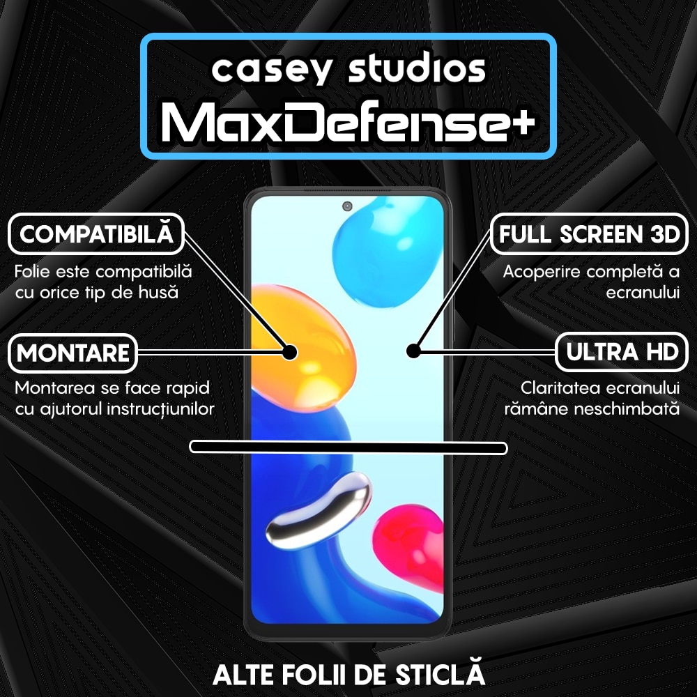 Folie Sticla CASEY STUDIOS™ compatibila cu Xiaomi Poco M4 Pro 4G / Redmi Note 11 / Redmi Note 11S, Full Cover 3D, Full Glue, Duritate Militara, Ultra HD, Anti Zgarieturi, Anti Socuri, Margini Negre