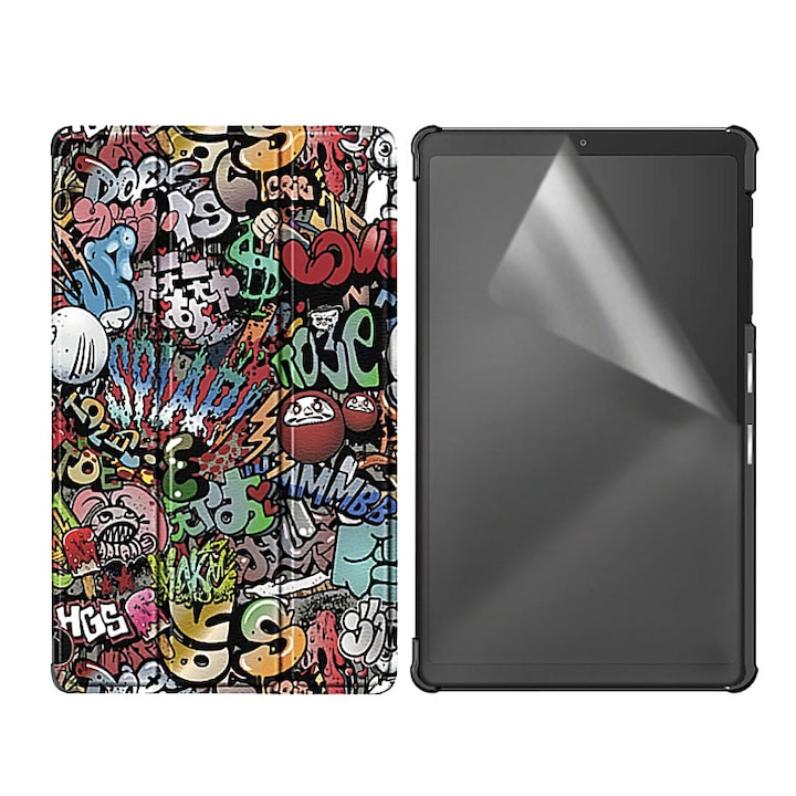 Set Husa Tableta AZIAO si Folie Silicon Matte pentru Samsung Galaxy Tab S7 FE 12.4 inch T730/T736 2021, Protectie 360, Hydrogel Regenerabil, Paper Feeling, Interior Catifea, Functie de Stand, Display Protejat, Smart Cover, Colturi Anti-Soc, Grafitti