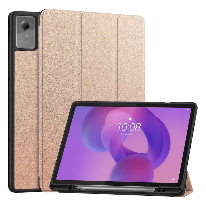 Husa pentru Lenovo Idea Tab Plus 12.1 Comari® EliteCover, protectie completa, functie stand multipla, design elegant tip carte, Rose Gold