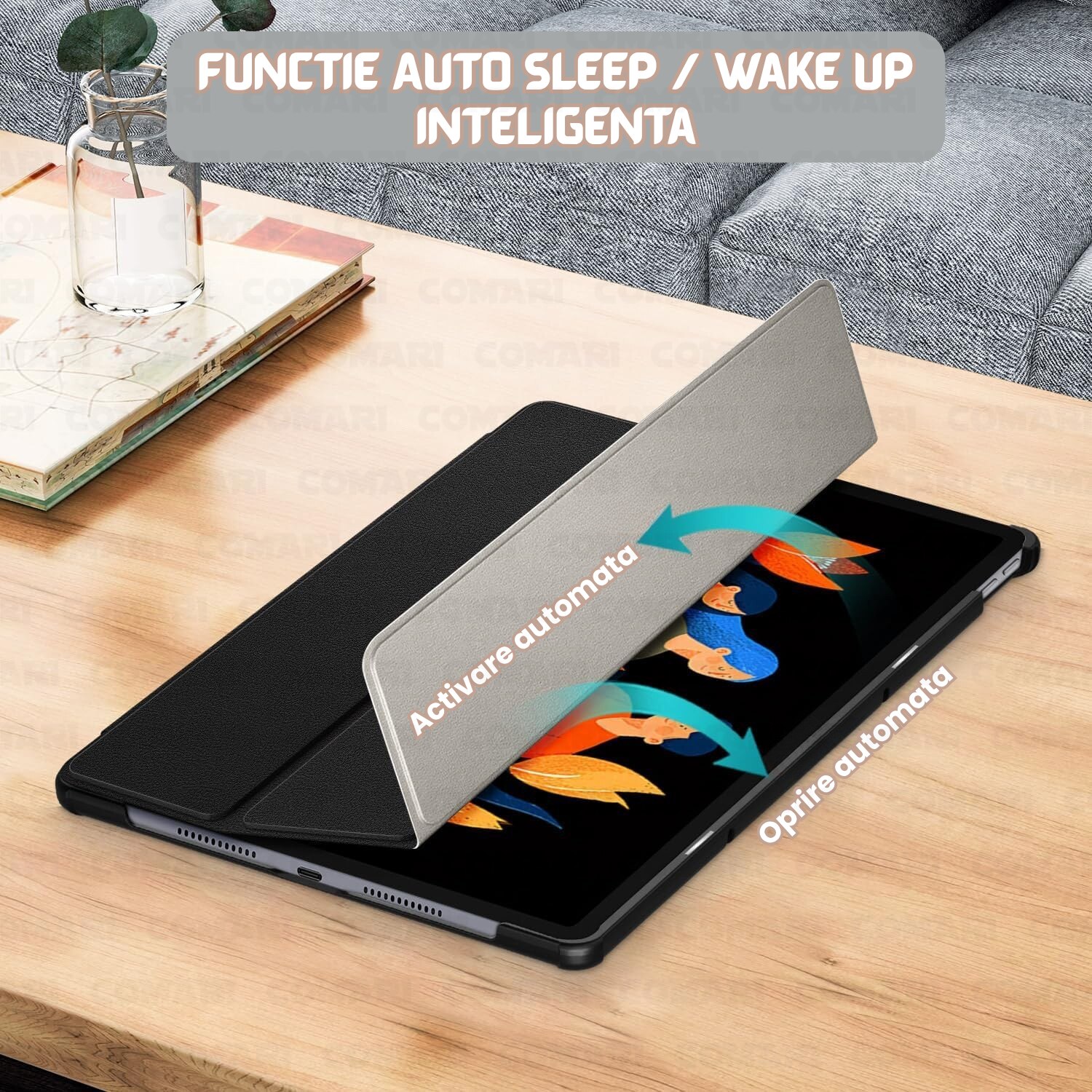 Husa pentru Lenovo Idea Tab Plus 12.1 Comari® EliteCover, protectie completa, functie stand multipla, design elegant tip carte, Rose Gold