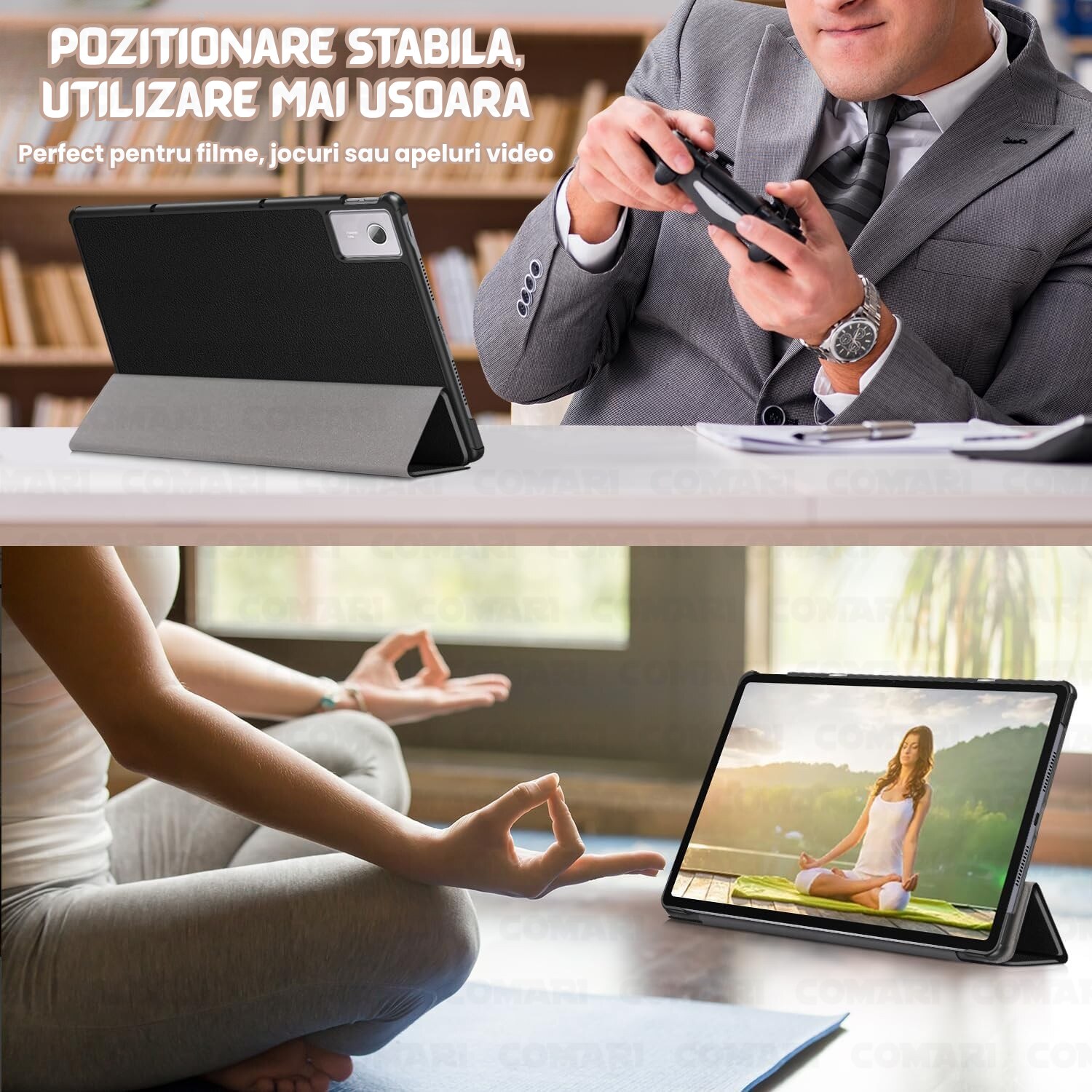Husa pentru Lenovo Idea Tab Plus 12.1 Comari® EliteCover, protectie completa, functie stand multipla, design elegant tip carte, Rose Gold