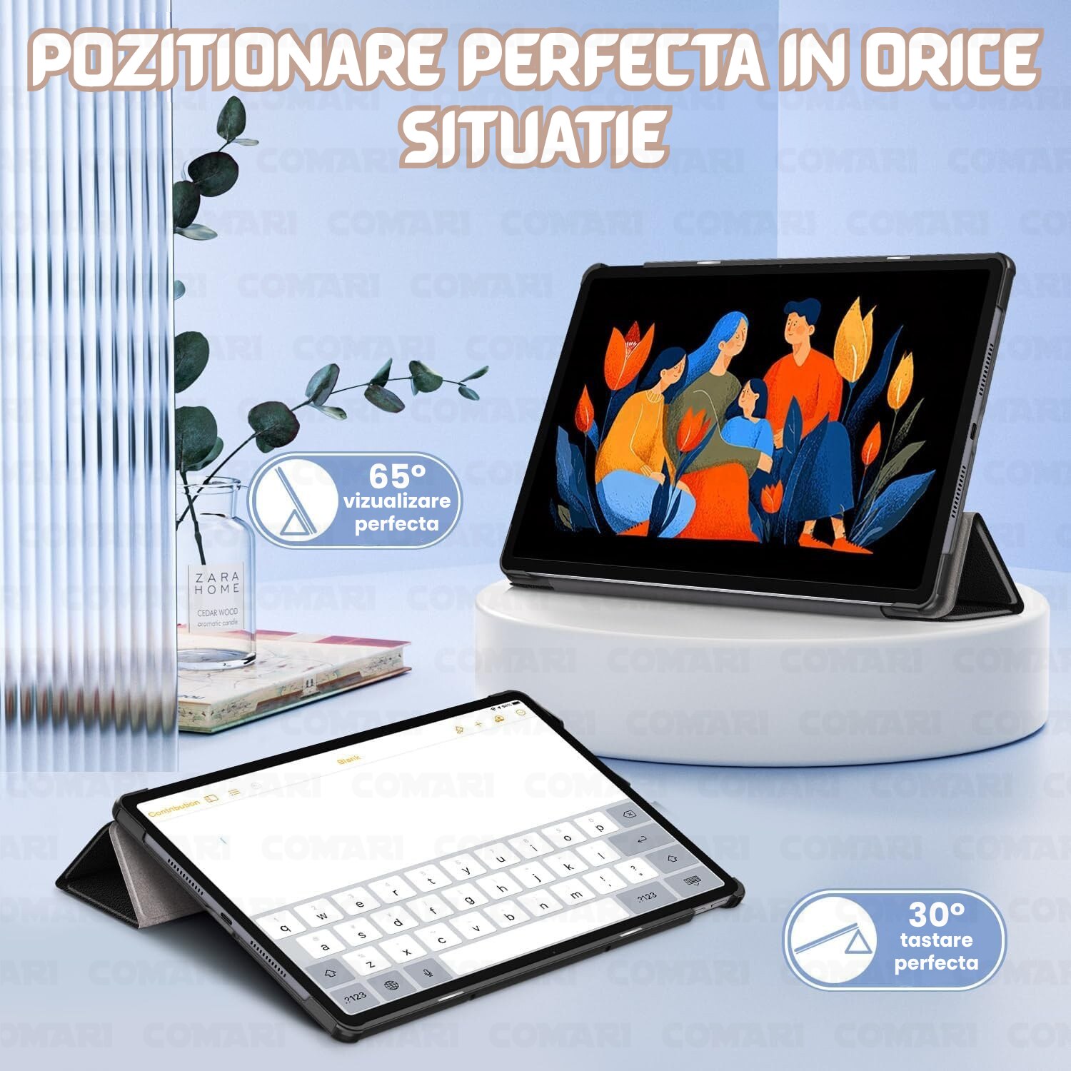 Husa pentru Lenovo Idea Tab Plus 12.1 Comari® EliteCover, protectie completa, functie stand multipla, design elegant tip carte, Rose Gold
