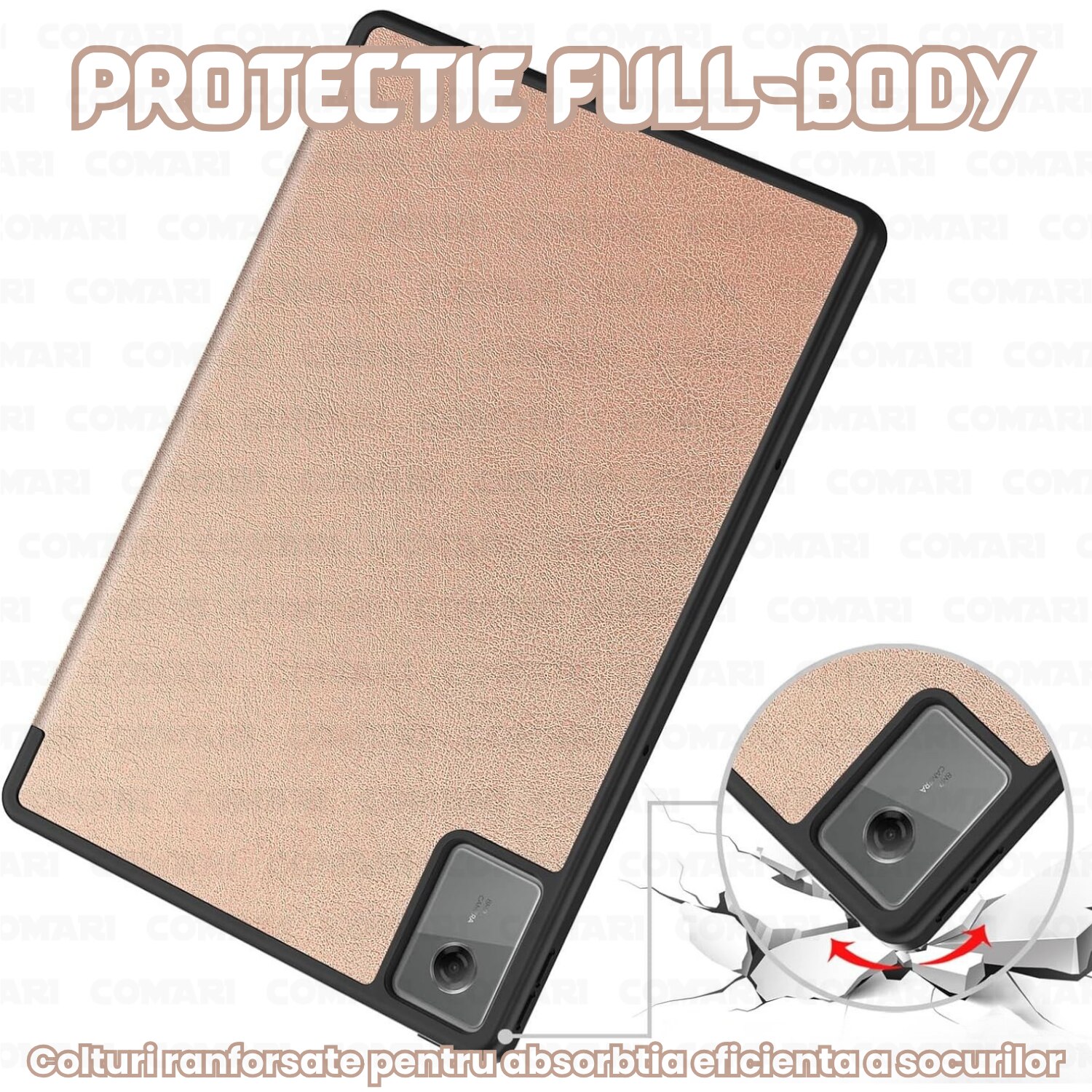 Husa pentru Lenovo Idea Tab Plus 12.1 Comari® EliteCover, protectie completa, functie stand multipla, design elegant tip carte, Rose Gold