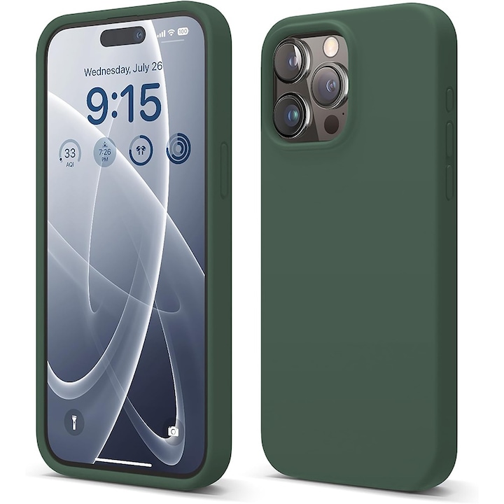 Husa CASEY STUDIOS™ pentru Apple iPhone 15 Pro Max, Soft Silicone Premium, Microfibra in Interior, Webster Green, de Protectie, Ultra Slim, pentru Incarcare Wireless, Margini Ridicate pentru Protectia Ecranului si a Camerelor