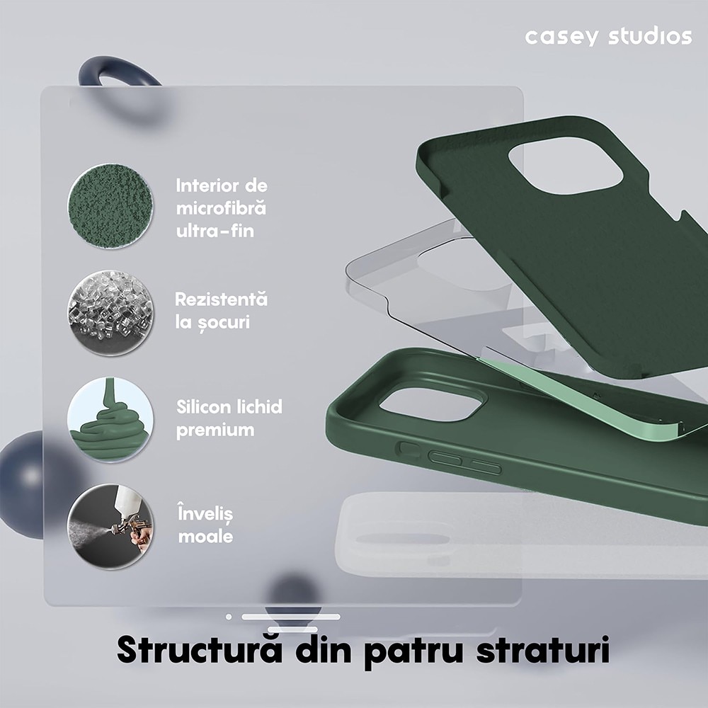 Husa CASEY STUDIOS™ pentru Apple iPhone 15 Pro Max, Soft Silicone Premium, Microfibra in Interior, Webster Green, de Protectie, Ultra Slim, pentru Incarcare Wireless, Margini Ridicate pentru Protectia Ecranului si a Camerelor