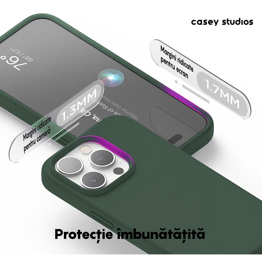 Husa CASEY STUDIOS™ pentru Apple iPhone 15 Pro Max, Soft Silicone Premium, Microfibra in Interior, Webster Green, de Protectie, Ultra Slim, pentru Incarcare Wireless, Margini Ridicate pentru Protectia Ecranului si a Camerelor