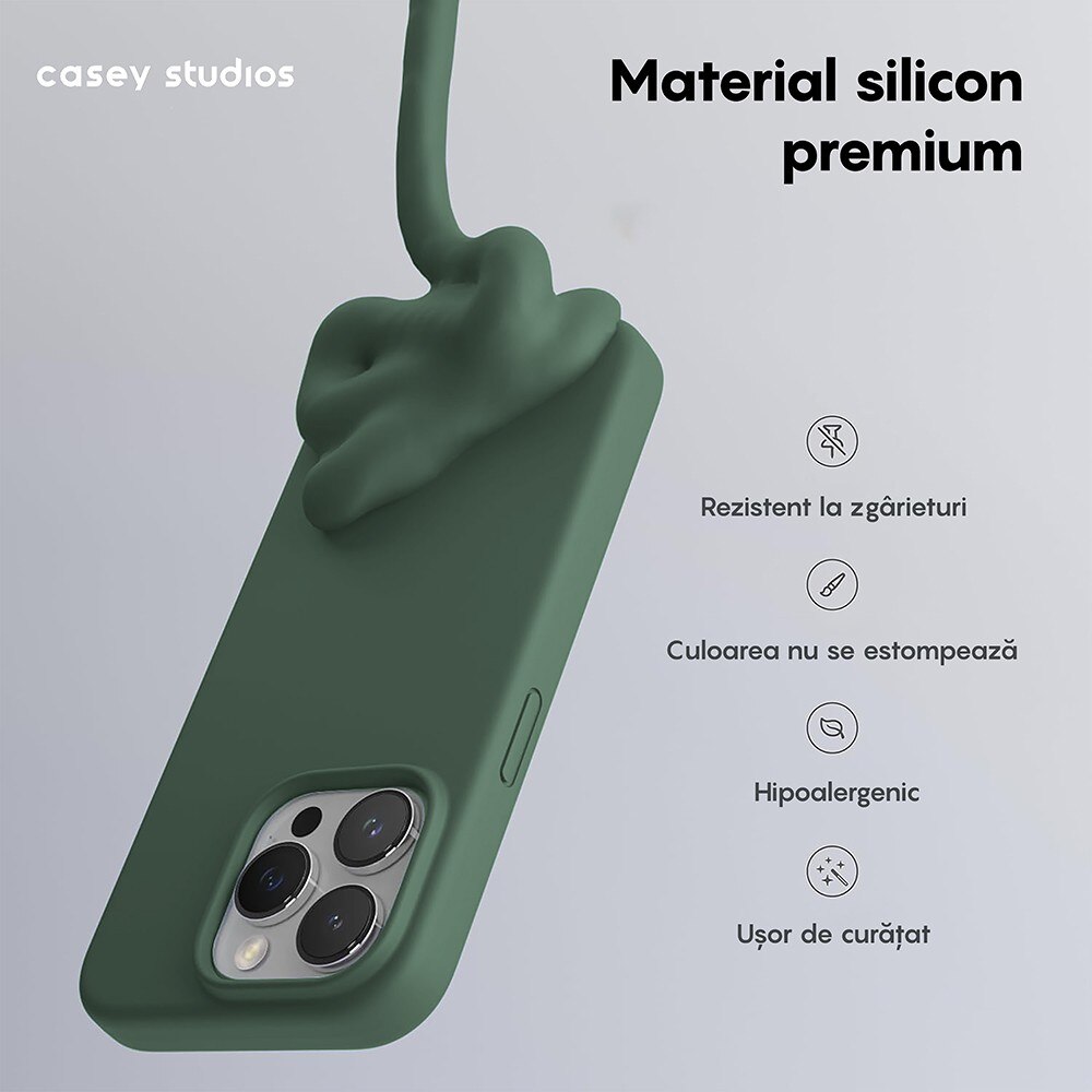Husa CASEY STUDIOS™ pentru Apple iPhone 15 Pro Max, Soft Silicone Premium, Microfibra in Interior, Webster Green, de Protectie, Ultra Slim, pentru Incarcare Wireless, Margini Ridicate pentru Protectia Ecranului si a Camerelor