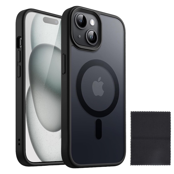 Husa De Protectie Pentru Iphone 15, Zggzerg, Magnetica, Cu carpa de curatare, Design slim, Cu decupaje camere, Margini ridicate, Anti-fall, Schockproof, Waterproof, Pentru incarcare wireless, TPU+PC, Negru