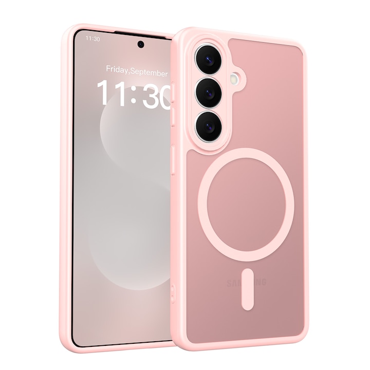 Husa de protectie pentru Samsung Galaxy S26, Omelivon, MagSafe, Protectie completa, Anti-Soc, Decupaje Precise, Incarcare Wireless, Materiale Premium, Roz deschis