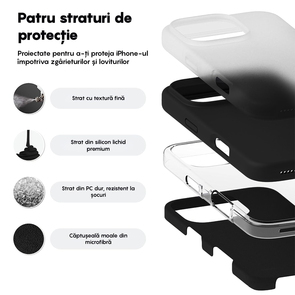 Husa CASEY STUDIOS™ compatibila cu iPhone 16 Pro, Soft Silicone Premium, Microfibra in Interior, Negru, pentru Incarcare Wireless, Margini Ridicate de Protectia Ecranului si a Camerelor