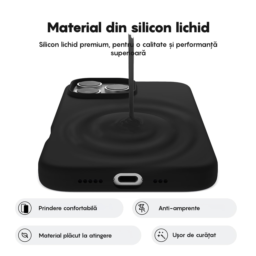 Husa CASEY STUDIOS™ compatibila cu iPhone 16 Pro, Soft Silicone Premium, Microfibra in Interior, Negru, pentru Incarcare Wireless, Margini Ridicate de Protectia Ecranului si a Camerelor