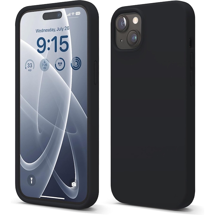Husa CASEY STUDIOS™ pentru Apple iPhone 15 Plus, Soft Silicone Premium, Microfibra in Interior, Negru, de Protectie, Ultra Slim, pentru Incarcare Wireless, Margini Ridicate pentru Protectia Ecranului si a Camerelor
