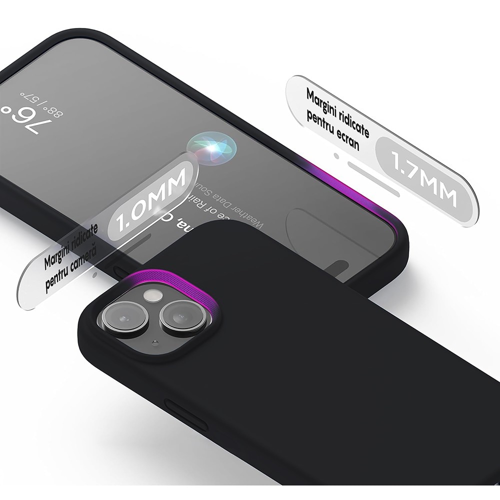 Husa CASEY STUDIOS™ pentru Apple iPhone 15 Plus, Soft Silicone Premium, Microfibra in Interior, Negru, de Protectie, Ultra Slim, pentru Incarcare Wireless, Margini Ridicate pentru Protectia Ecranului si a Camerelor