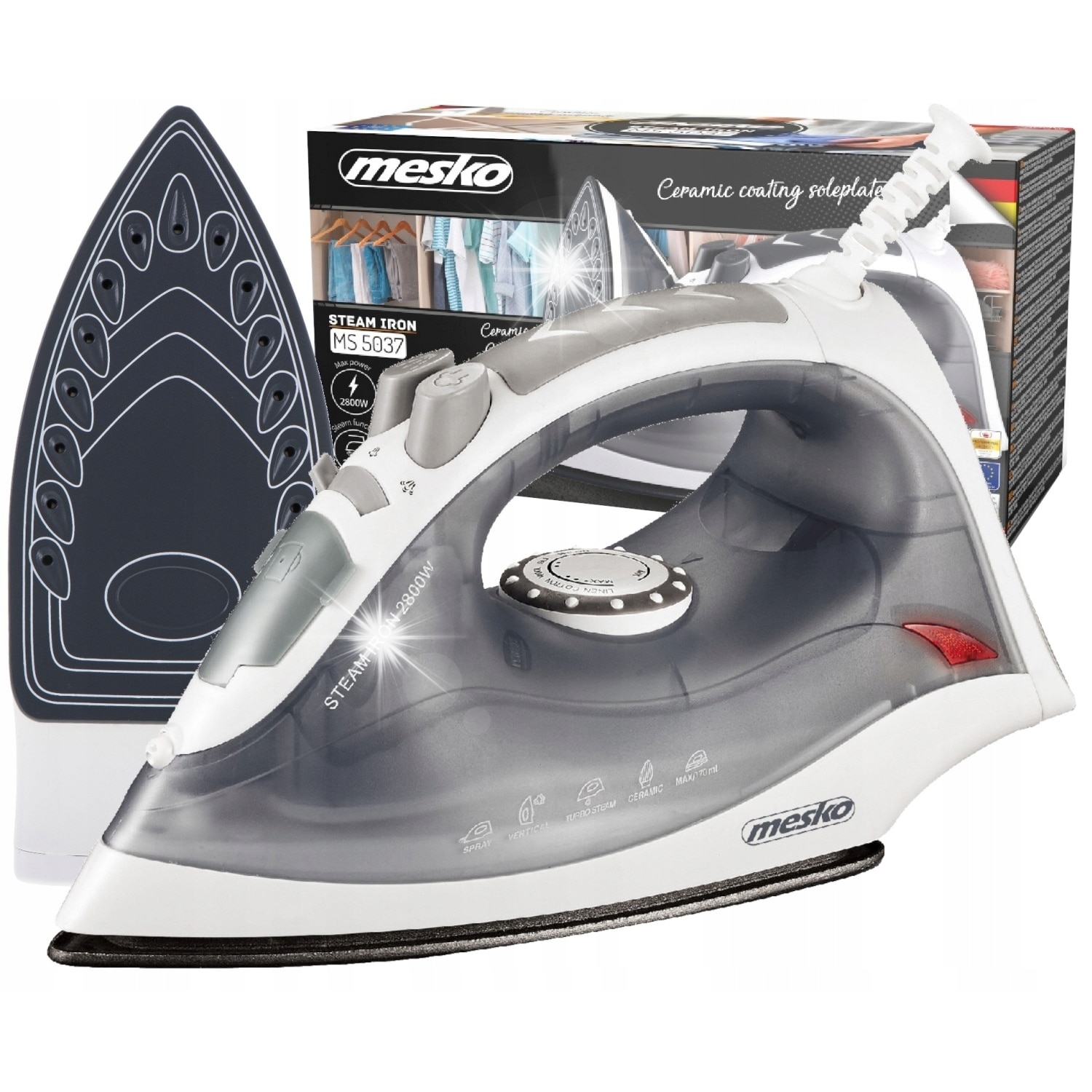 Fier de calcat cu abur Mesko MS 5037, ceramica, 2800W, gri, 26x10.5x14cm