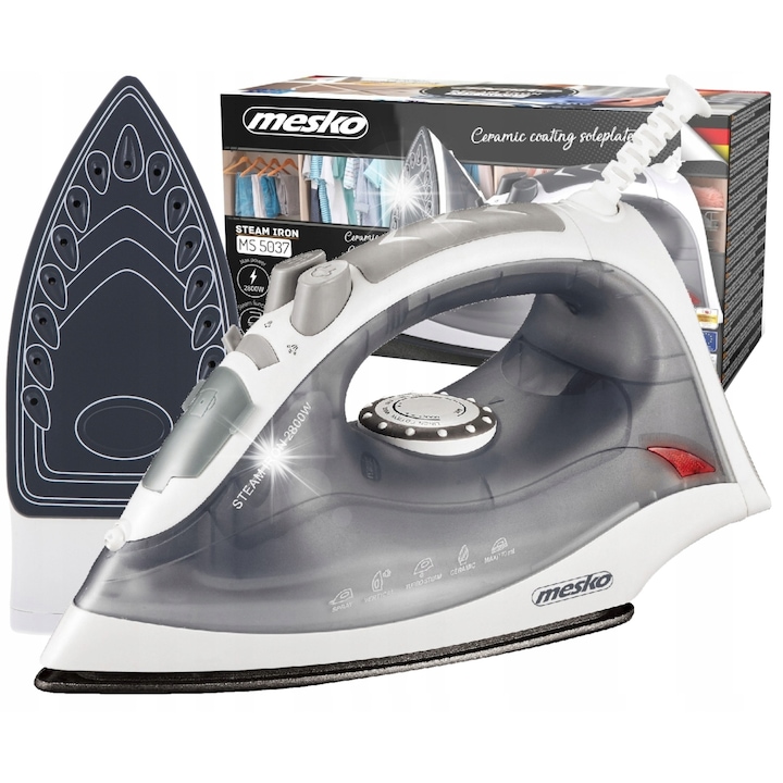 Fier de calcat cu abur Mesko MS 5037, ceramica, 2800W, gri, 26x10.5x14cm
