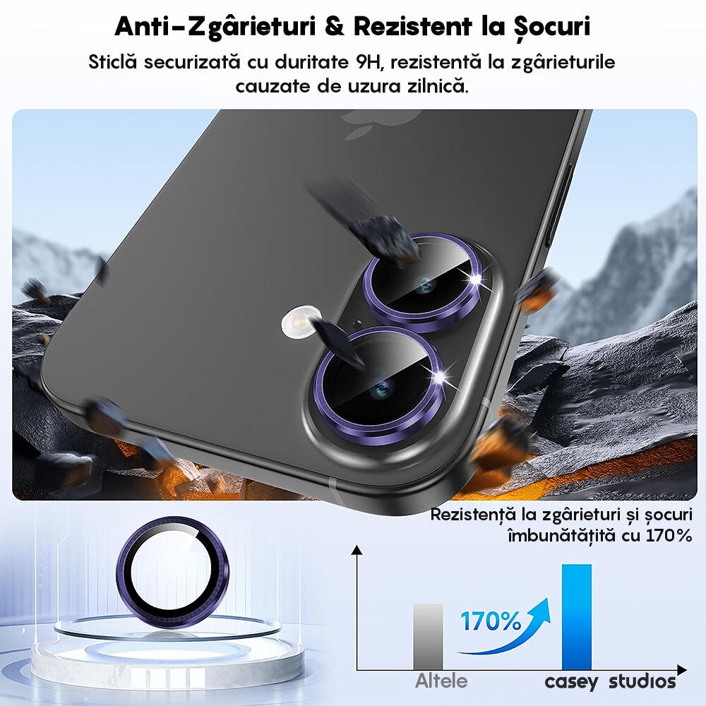 Folie Protectie Lentile Camera compatibila cu Apple iPhone 17, CASEY STUDIOS™ MaxDefense+, Ultra HD, Anti Amprente, Anti Zgarieturi, Anti Socuri, Mov Inchis