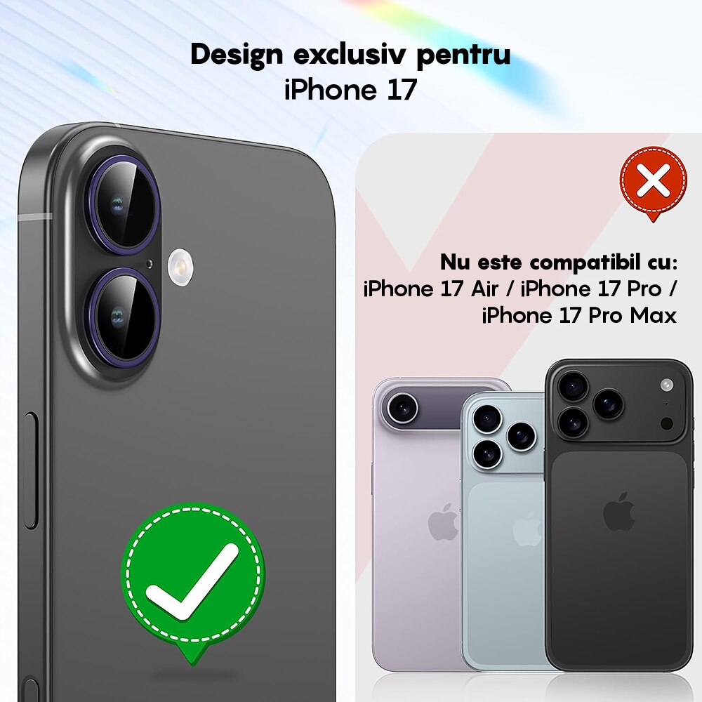 Folie Protectie Lentile Camera compatibila cu Apple iPhone 17, CASEY STUDIOS™ MaxDefense+, Ultra HD, Anti Amprente, Anti Zgarieturi, Anti Socuri, Mov Inchis