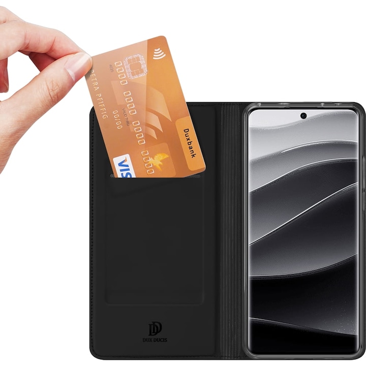 Etui portofel Dux Ducis Skin Pro pentru Xiaomi Redmi Note 14 Pro 5G, negru, cu functie stand, din piele ecologica, dimensiuni 15,81x7,20cm