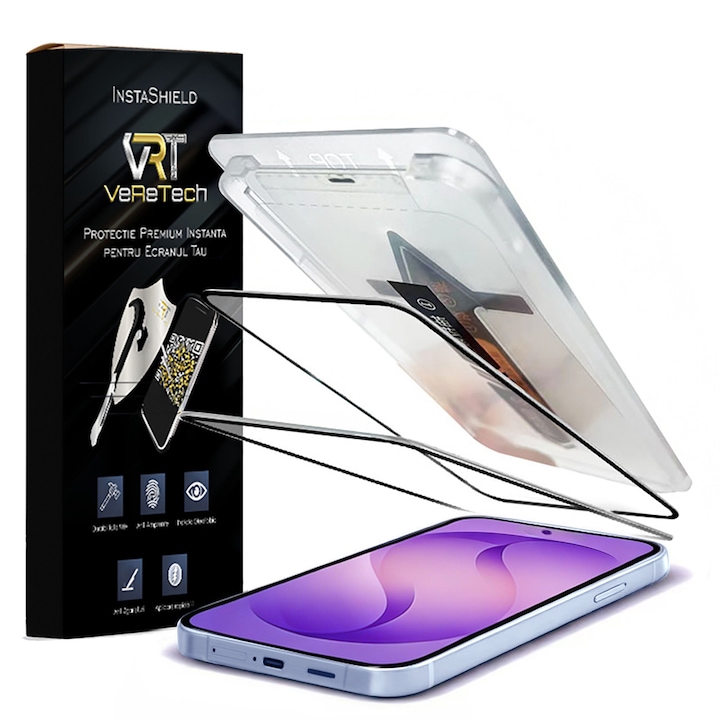 Folie de Protectie Clear, InstaShield by VeReTech pentru Samsung Galaxy S26 Plus, cu Kit de Aplicare Instanta si Functie Automata de Indepartare a Prafului, din Sticla Securizata 9H+, Claritate Super HD, Tratament Electronic Oleofobic si Anti Amprente