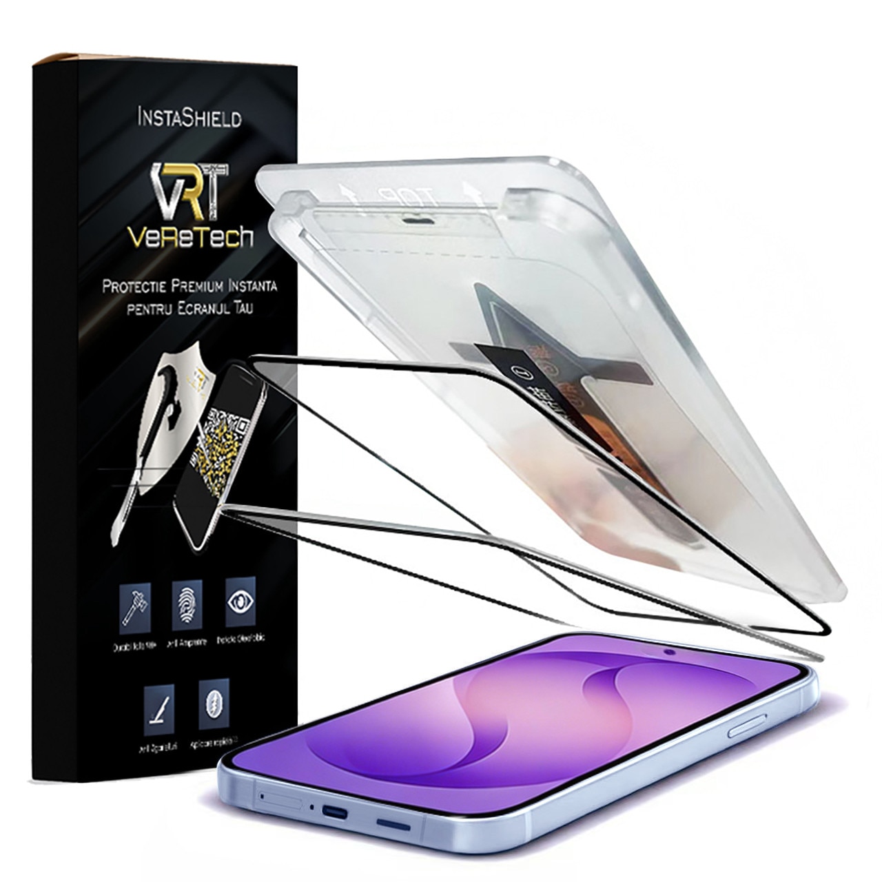 Folie de Protectie Clear, InstaShield by VeReTech pentru Samsung Galaxy S26 Plus, cu Kit de Aplicare Instanta si Functie Automata de Indepartare a Prafului, din Sticla Securizata 9H+, Claritate Super HD, Tratament Electronic Oleofobic si Anti Amprente