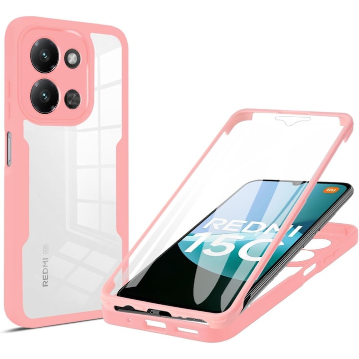 Set 360: Husa cu folie integrata pentru Xiaomi Redmi 15C 4G Protectie 360 fata / spate - roz