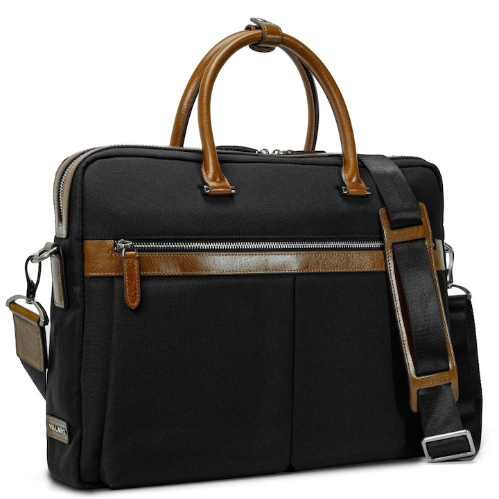 Geantă Laptop Valmio, servietă, piele naturală, waterproof, 42x30x8cm, neagră