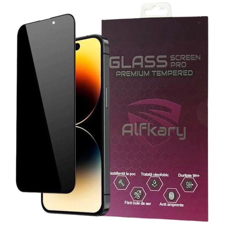 Folie Sticla Privacy, Compatibila Apple iPhone 16 Plus, Protectie Profesionala Ecran 3D, Alfkary Full Cover- Negru