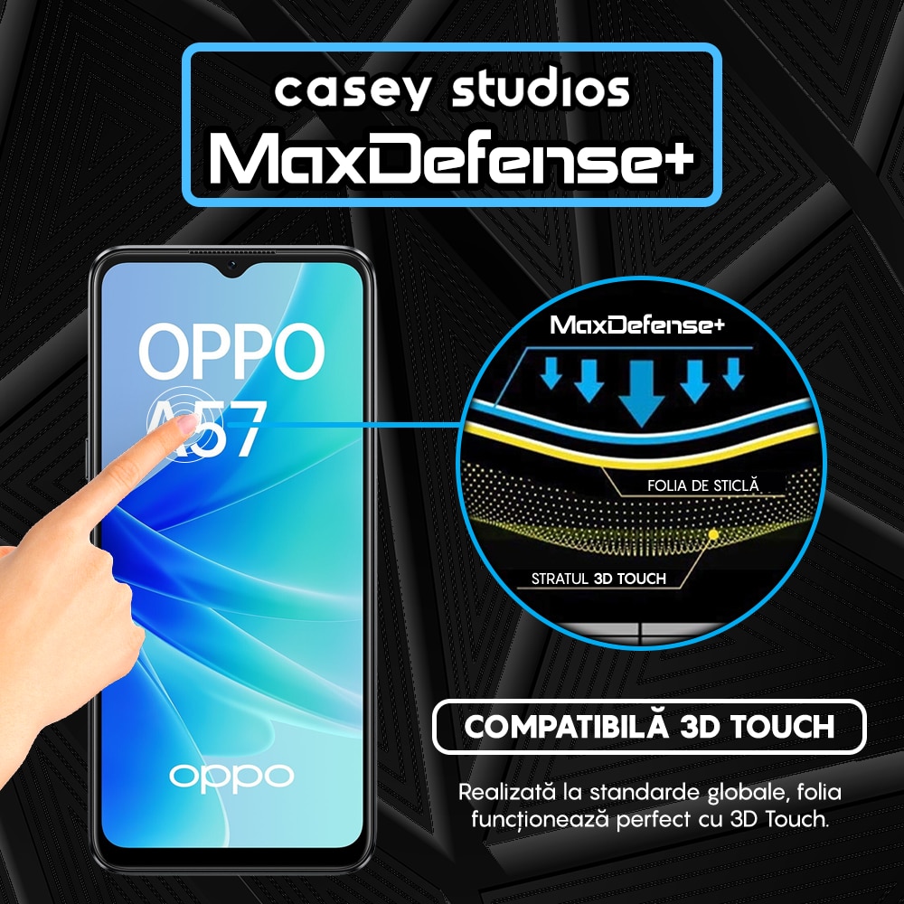 Folie Sticla CASEY STUDIOS™ compatibila cu Oppo A57 4G, Full Cover 3D, Full Glue, Duritate Militara, Ultra HD, Anti Zgarieturi, Anti Amprente, Anti Socuri, Margini Negre