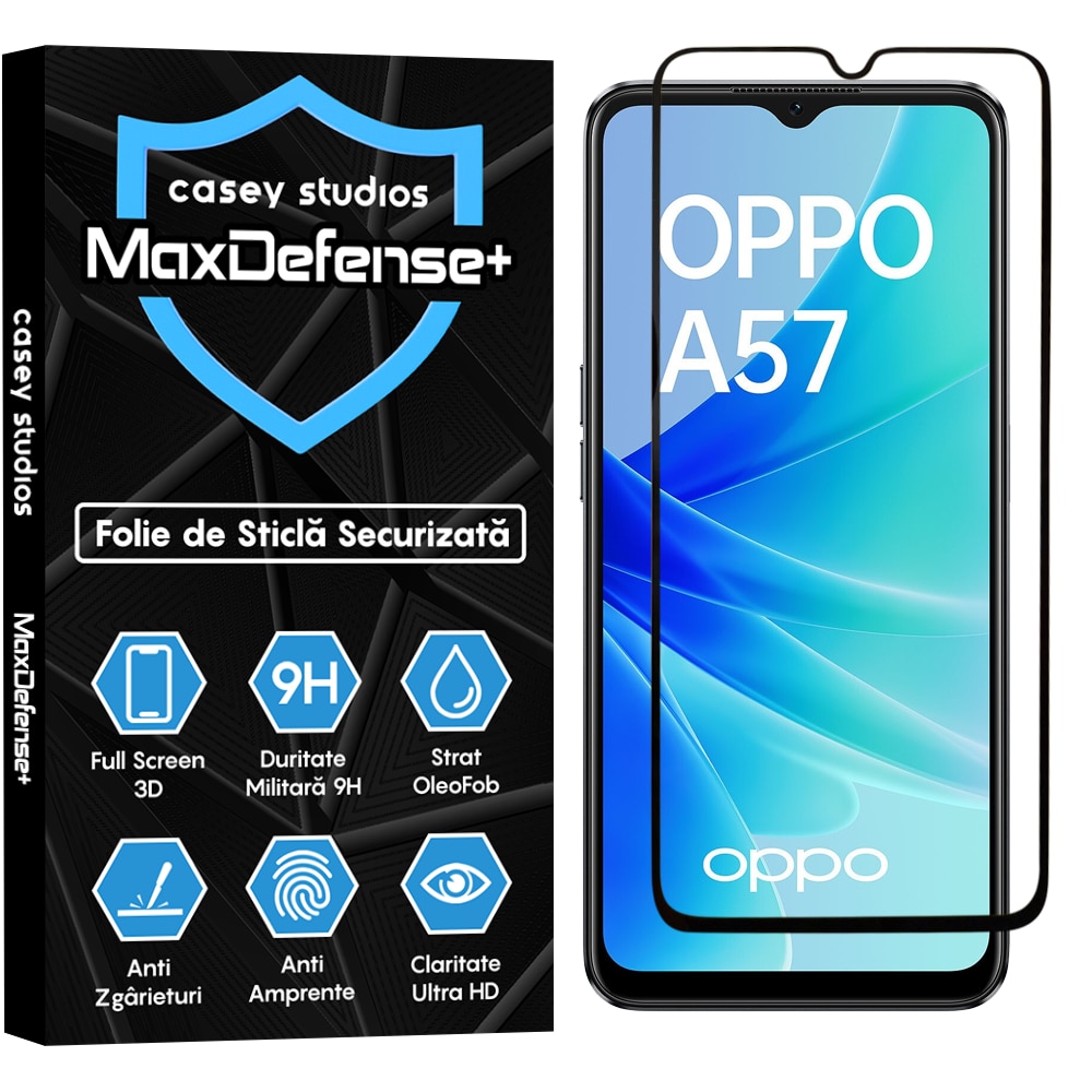 Folie Sticla CASEY STUDIOS™ compatibila cu Oppo A57 4G, Full Cover 3D, Full Glue, Duritate Militara, Ultra HD, Anti Zgarieturi, Anti Amprente, Anti Socuri, Margini Negre