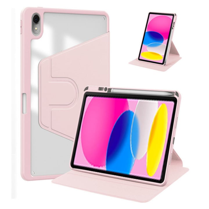 Husa tableta, pentru iPad 11 (2025) 11 ", Casa de protectie pentru tablete cu slot pentru stilou, acrilic 360 ° design rotativ, trezire automata / somn, Roz transparent