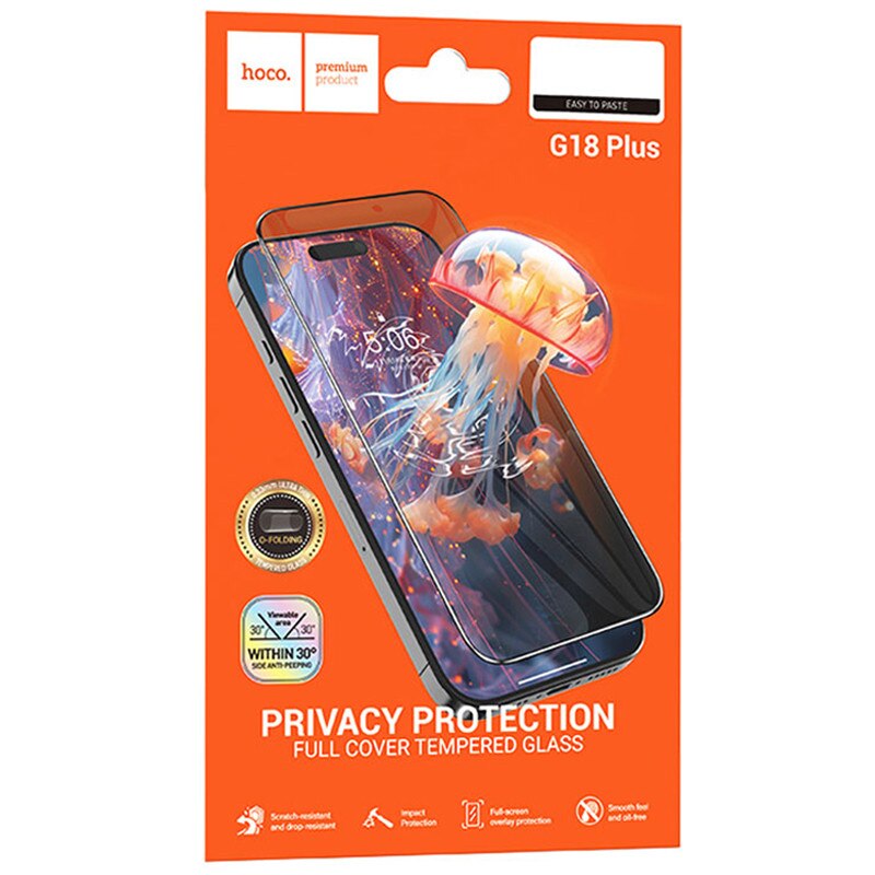 Folie Privacy Protection HOCO G18 Plus, Compatibil cu iPhone 16 Pro/iPhone 17/iPhone 17 Pro, Sticla securizata, Negru