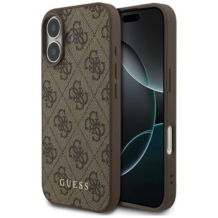 Husa Guess 4G Classic, rezistenta la socuri, din TPU/PC si piele ecologica, maro, pentru iPhone 17