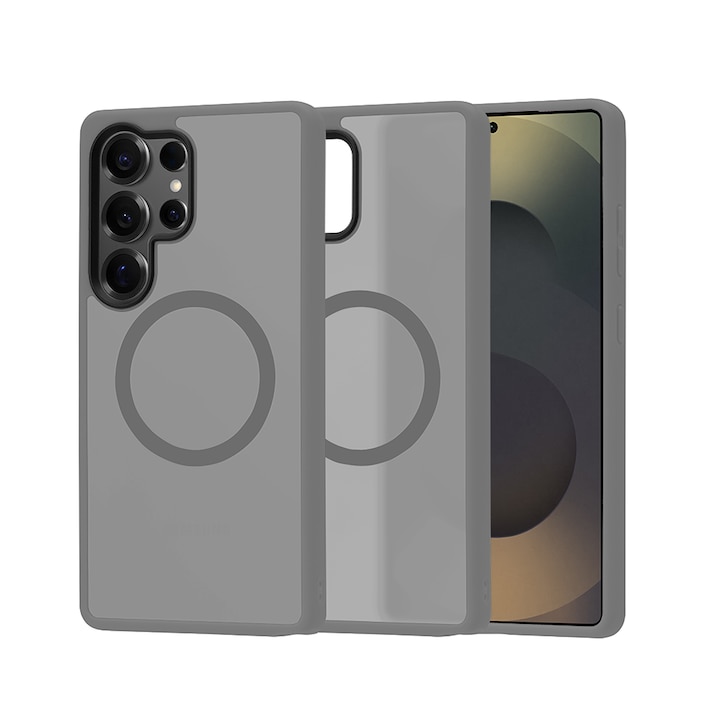 Husa compatibila cu Incarcare Magsafe pentru Samsung Galaxy S25 Ultra, CASEY STUDIOS™, de Protectie, Slim, pentru Incarcare Wireless, Margini Ridicate pentru Protectia Ecranului si a Camerelor, Gri Deschis