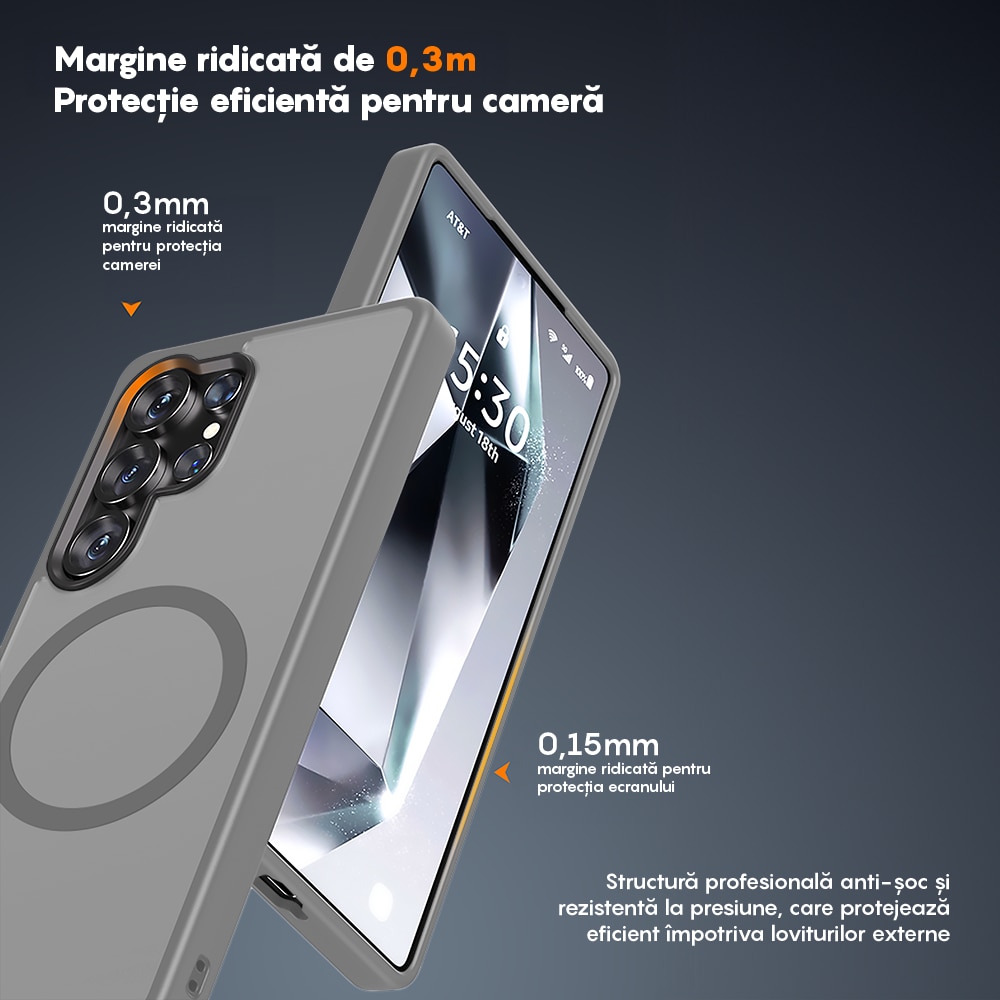 Husa compatibila cu Incarcare Magsafe pentru Samsung Galaxy S25 Ultra, CASEY STUDIOS™, de Protectie, Slim, pentru Incarcare Wireless, Margini Ridicate pentru Protectia Ecranului si a Camerelor, Gri Deschis