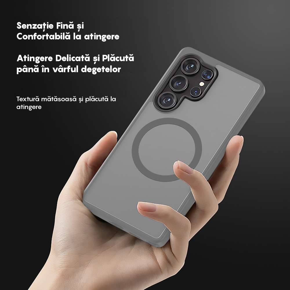 Husa compatibila cu Incarcare Magsafe pentru Samsung Galaxy S25 Ultra, CASEY STUDIOS™, de Protectie, Slim, pentru Incarcare Wireless, Margini Ridicate pentru Protectia Ecranului si a Camerelor, Gri Deschis