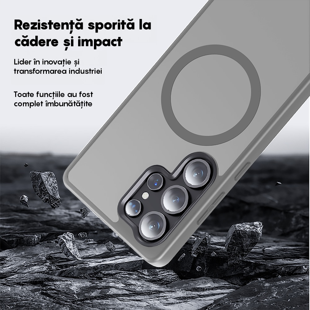 Husa compatibila cu Incarcare Magsafe pentru Samsung Galaxy S25 Ultra, CASEY STUDIOS™, de Protectie, Slim, pentru Incarcare Wireless, Margini Ridicate pentru Protectia Ecranului si a Camerelor, Gri Deschis