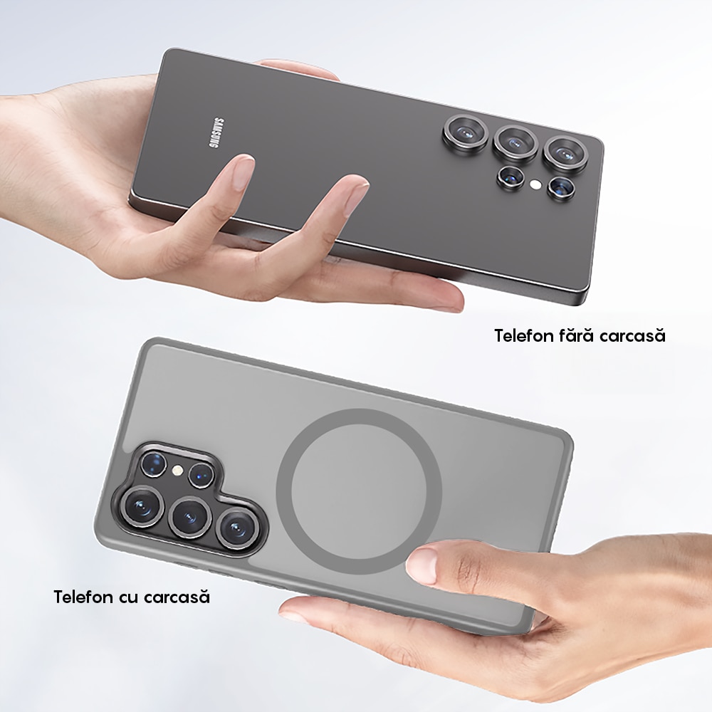 Husa compatibila cu Incarcare Magsafe pentru Samsung Galaxy S25 Ultra, CASEY STUDIOS™, de Protectie, Slim, pentru Incarcare Wireless, Margini Ridicate pentru Protectia Ecranului si a Camerelor, Gri Deschis
