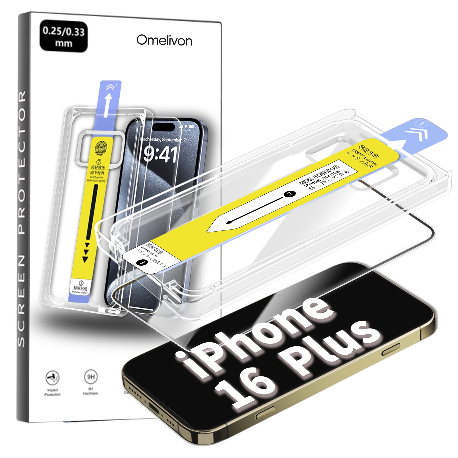 Folie de Protectie pentru iPhone 16 Plus, Omelivon, Sticla Securizata, Full Cover, Margini negre, cu Kit de Aplicare Instanta si Functie Automata de Indepartare a Prafului, Duritate 9H, Ultra HD, Anti Amprente