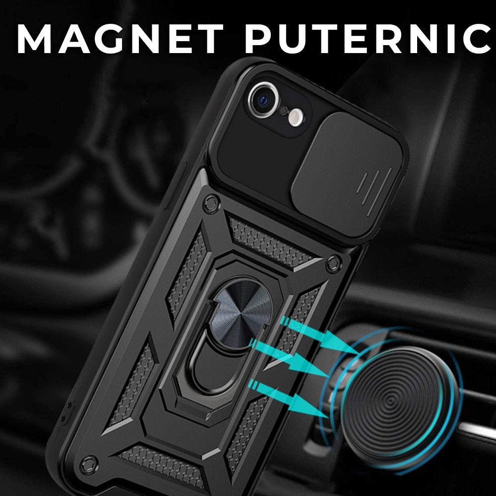 Husa pentru iPhone 7/8/SE 2/SE (2020)/SE 3/SE 2022 Premium Hybrid Armor Kickstand, Slider Camera, Antisoc, Protectie Superioara, Negru