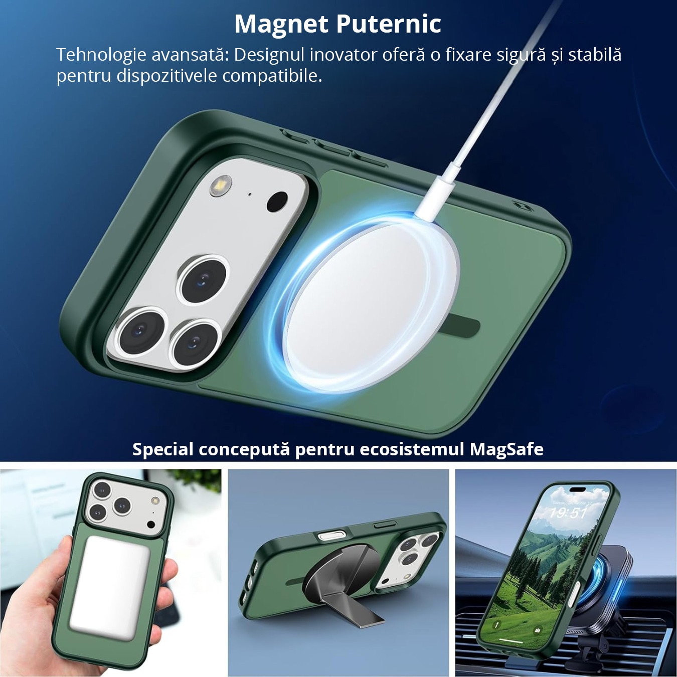 Husa pentru iPhone 17 Pro Max, MobileSmart, MagSafe, Spate Mat Semitransparent, Protectie Camera, Antisoc, Verde