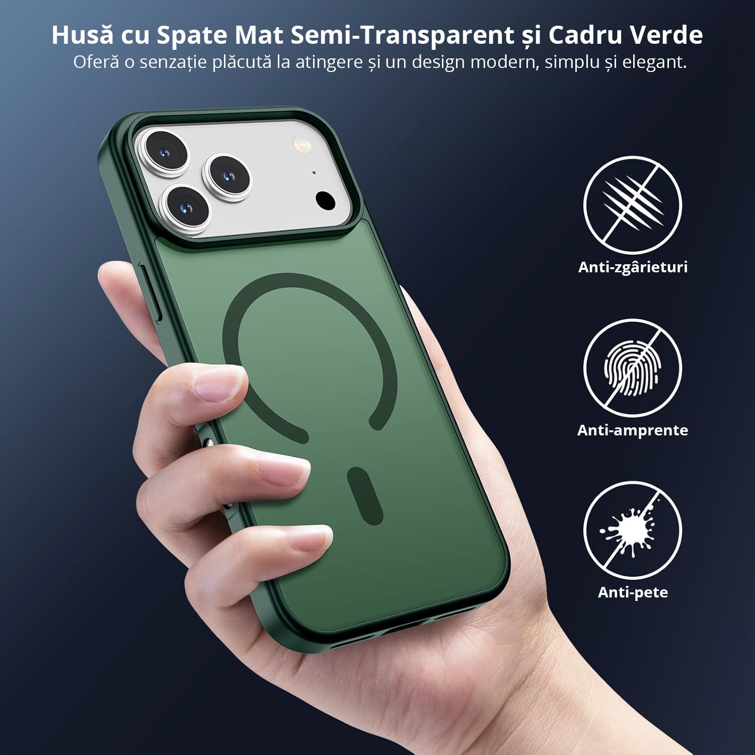 Husa pentru iPhone 17 Pro Max, MobileSmart, MagSafe, Spate Mat Semitransparent, Protectie Camera, Antisoc, Verde