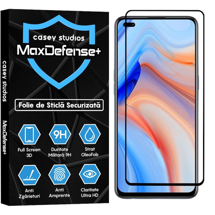 Folie Sticla CASEY STUDIOS™ compatibila cu Oppo Reno4 Lite, MaxDefense+, Anti Zgarieturi, Full Glue, Full Cover 3D, Protectie Ecran 3D, Duritate Ridicata, Margini Negre