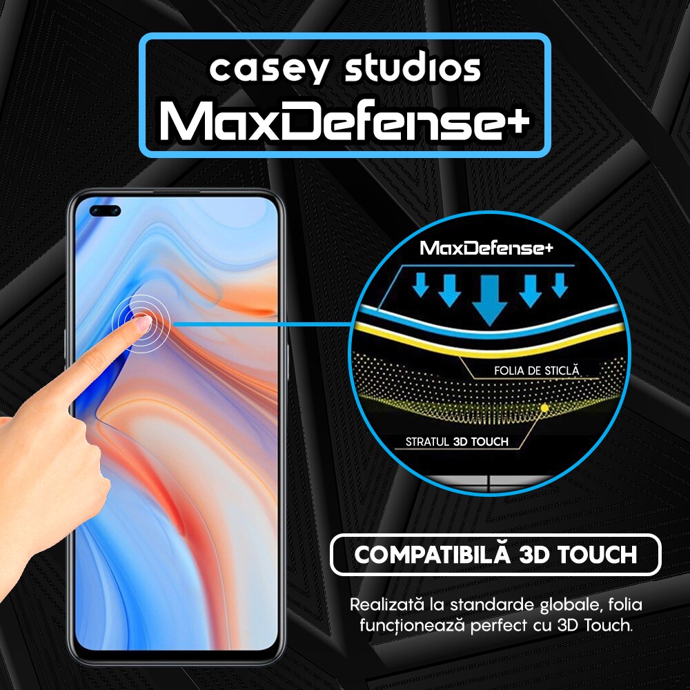 Folie Sticla CASEY STUDIOS™ compatibila cu Oppo Reno4 Lite, MaxDefense+, Anti Zgarieturi, Full Glue, Full Cover 3D, Protectie Ecran 3D, Duritate Ridicata, Margini Negre