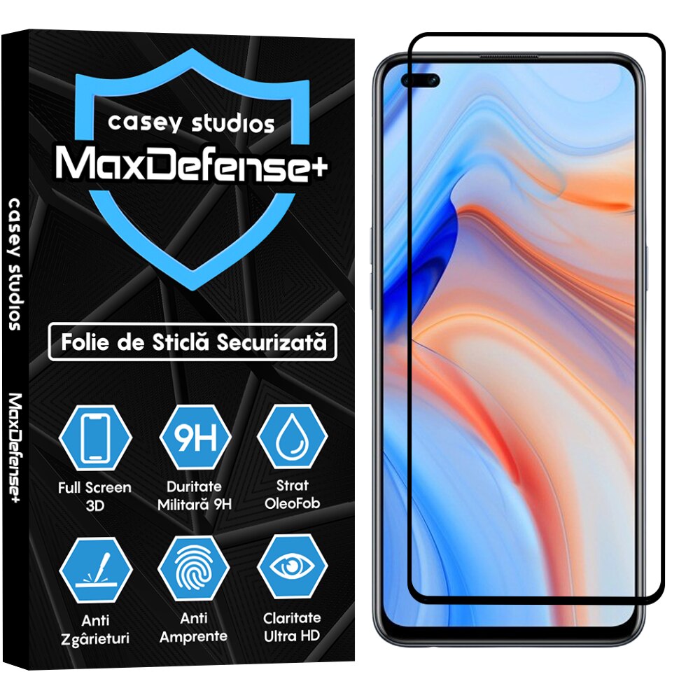 Folie Sticla CASEY STUDIOS™ compatibila cu Oppo Reno4 Lite, MaxDefense+, Anti Zgarieturi, Full Glue, Full Cover 3D, Protectie Ecran 3D, Duritate Ridicata, Margini Negre